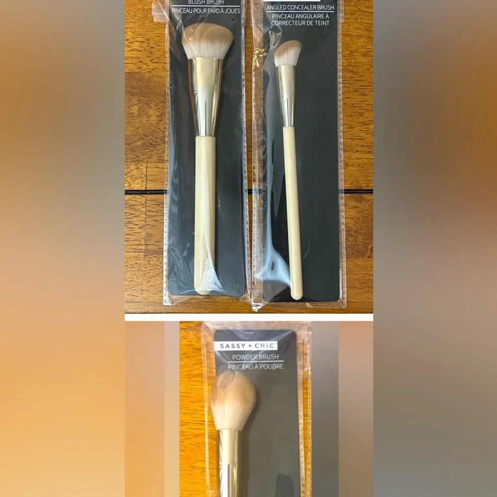 3 Bundled Brushes: Foundation, Blush, & Angled Concealer brushes.